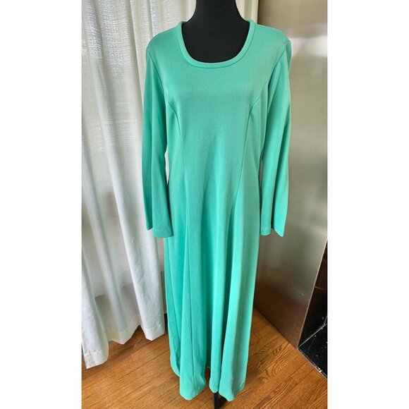 Vintage 70s dress, aqua/mint, Mod maxi gown with bell sleeves, scoop neck - Picture 2 of 10
